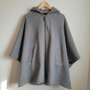 Spiewak & Sons Wool Herringbone Hooded Cape Coat Gray Zip Front Poncho Small EUC